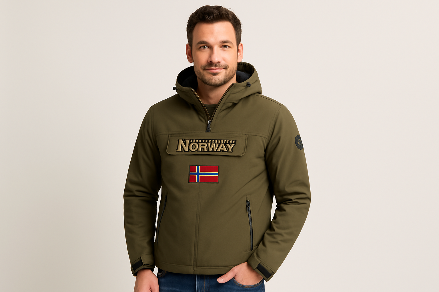 Hombre de unos 35 años con una Chaqueta Hombre Antoneak Caqui de Geographical Norway para ecommerce