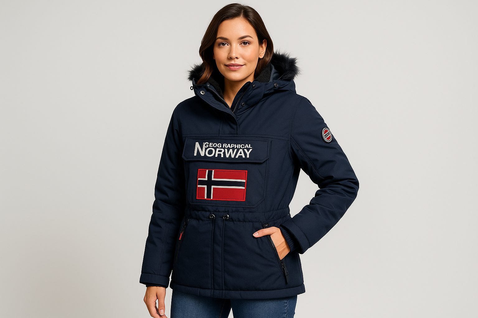 Una mujer de unos 30 años con una Parka De Mujer Atika Azul Marino de Geographical Norway para el ecommer